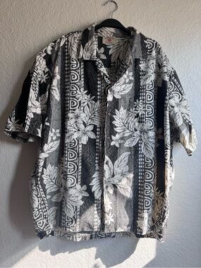 Vintage Hawaii Station Hawaiian Shirt 3XL Black White Floral Geometric Camp